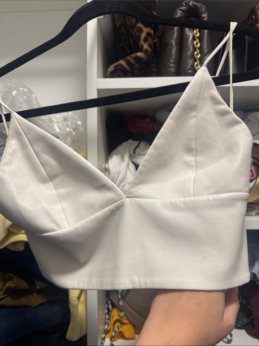 Alice + Olivia White Faux-Leather V-Neck Crop Camisole